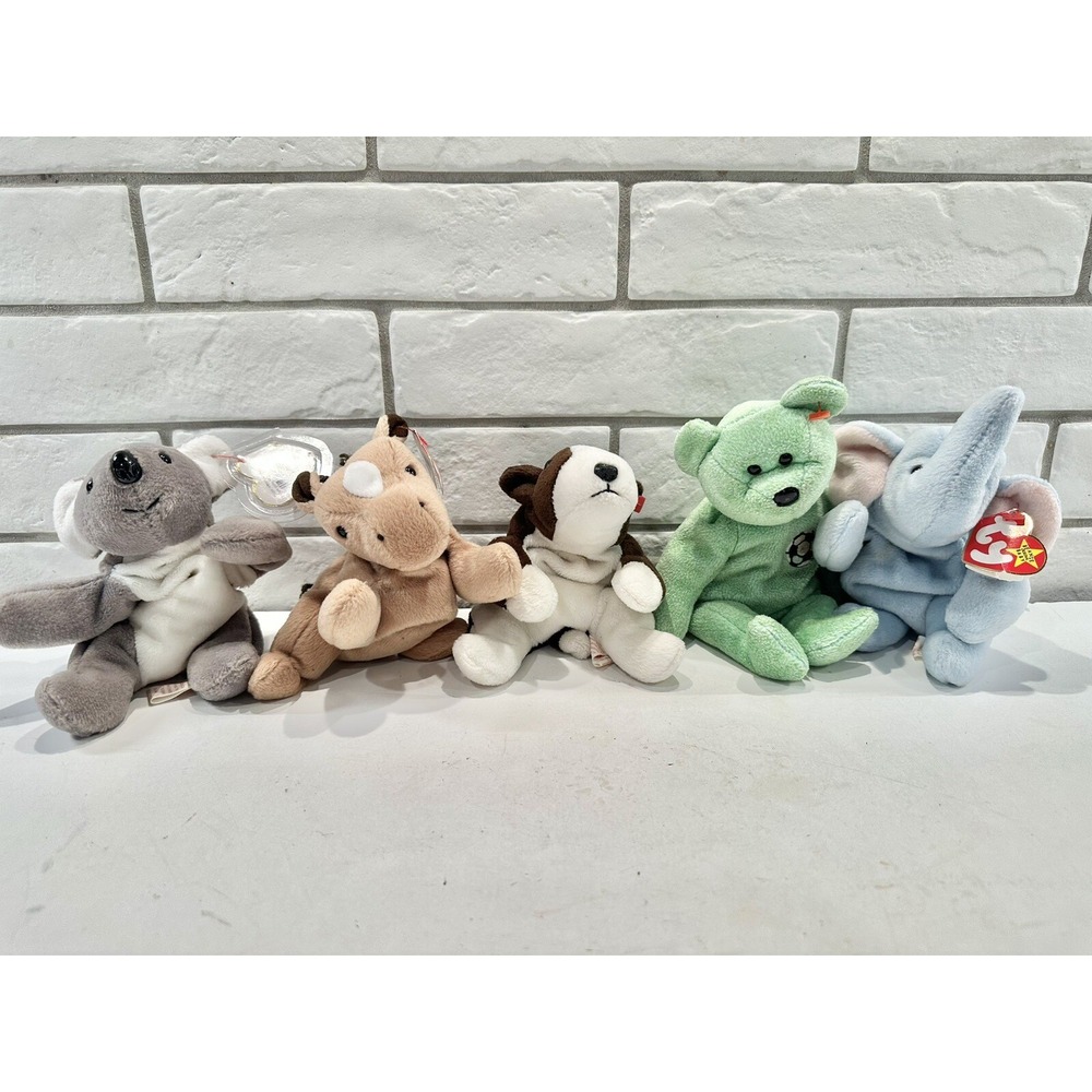 Lot Of 6, TY Beanie Babies, Bruno, Mel, Peanut, Derby,‎ Wrinkles Kicks